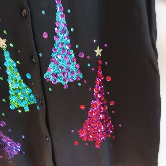 Quaker Factory NWOT Black Christmas Cardigan W/ Multi Color Sequins, Size Med. - Picture 7 of 16